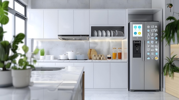 Фото Умный холодильник с сенсорным экраном в современной кухне чтобы продемонстрировать современный и высокотехнологичный дизайн кухни с умным холодильником в качестве центральной точки