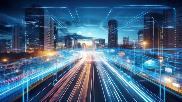 Smart roads advanced technology innovative intelligent transportation systems connected vehicles futuristic infrastructure Created with Generative AI technology