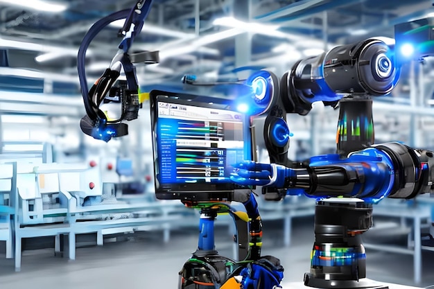 산업 40 및 기술 개념에 대한 제조 산업의 스마트 로봇 로봇 비전 센서 카메라 시스템