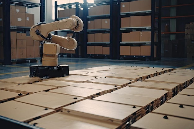 Photo smart robot picking and placing boxes on shipping pallets created with generative ai