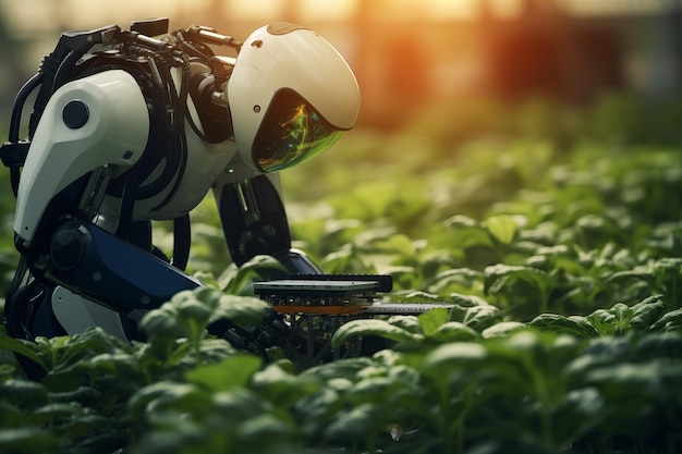 Photo smart robotic farmer technology concept by generative ai