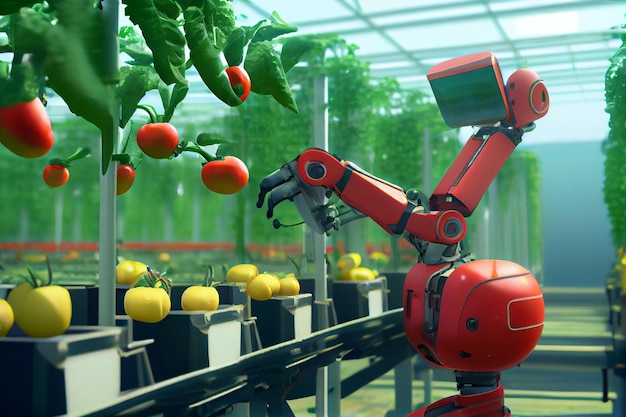 Smart robotic farmers in agriculture futuristic robot automation work harvest tomato