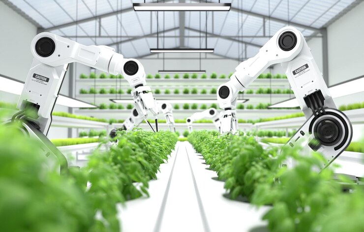 Smart robotic farmers concept robot farmers Agriculture technology Farm automation