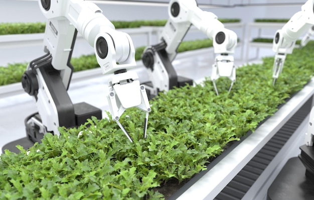 사진 스마트 로봇 농부 개념 로봇 농부 농업 기술 농장 자동화