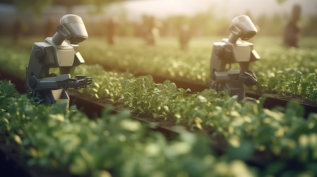 Smart robotic farmers concept robot farmers Futuristic technologies of the future Generative AI