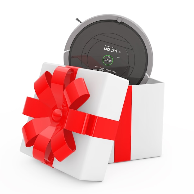 Smart Robotic Vacuum Cleaner Come Out of the Gift Box with Red Ribbon on a white background. 3d Rendering