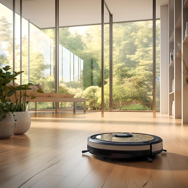 Photo smart robotic vacuum cleaner on glossy wooden floor cleaning technology in modern home interior ai