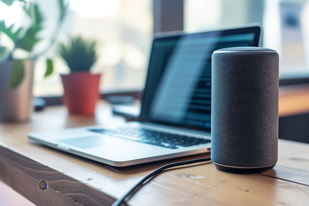 Photo smart speaker on desk beside working laptop