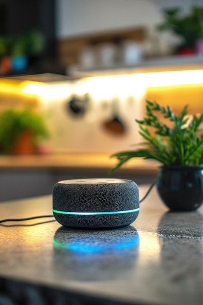 Photo a smart speaker sitting on top of a counter next to a potted plant ideal for illustrating modern home technology and interior design concepts
