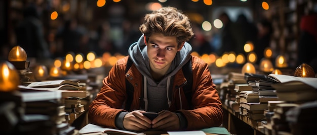 Smart student holding book sitting on floor among bookshelves in modern university campus library