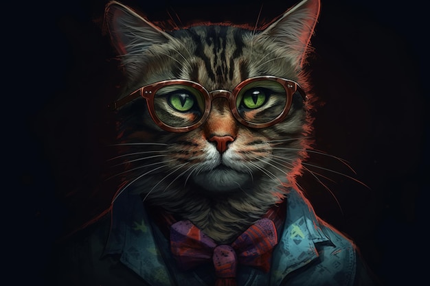 メガネとジャケットのエレガントなペットのスマートなスタイリッシュな猫の生成 AI イラスト