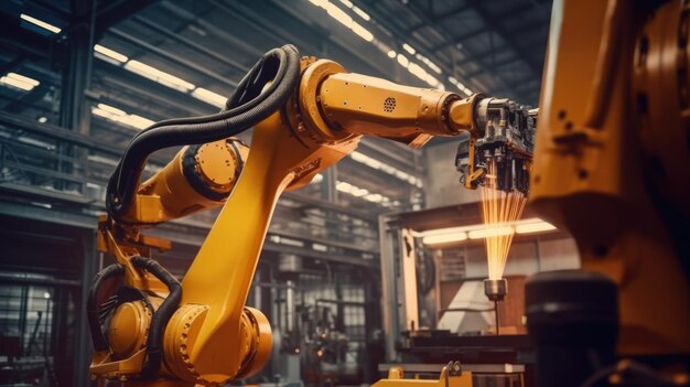 写真 現代工場の生産ラインにおける工業ロボット腕のスマートシステム