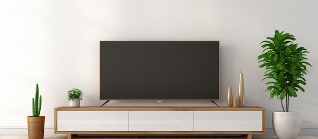 Photo smart television mockup on wooden console in white living room