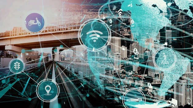 Concetto di tecnologia di trasporto intelligente per il traffico automobilistico futuro su strade cittadine nuove