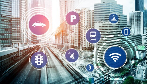 도로 위의 미래 자동차 교통을 위한 스마트 교통 기술 개념