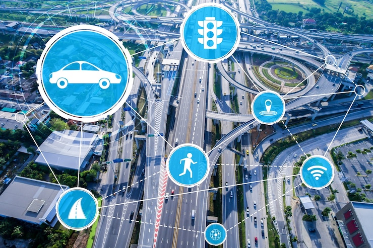 Photo smart transport technology concept for future car traffic on road