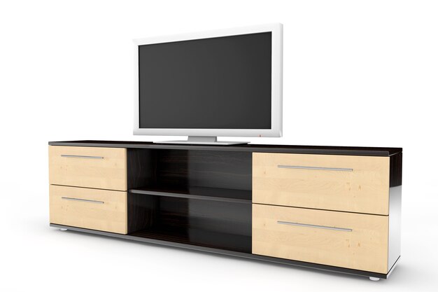 Smart TV boven dressoir op een witte achtergrond