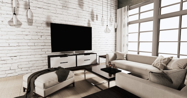 Smart TV on cabinet in living room with white brick wall on wooden floor and sofa