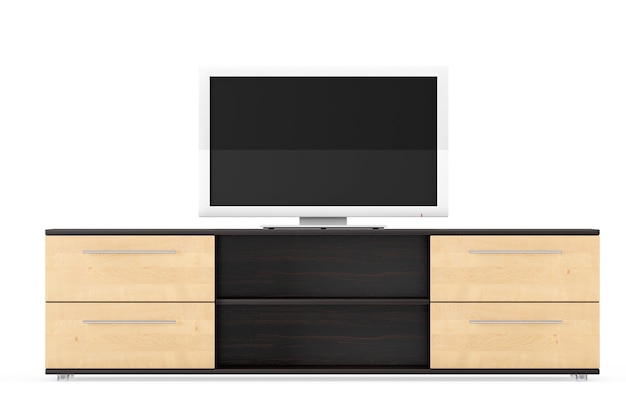 Smart Tv over dresser on a white background