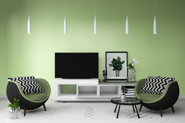 Smart-tv in interieur in interieur in warme kleuren. 3D-rendering