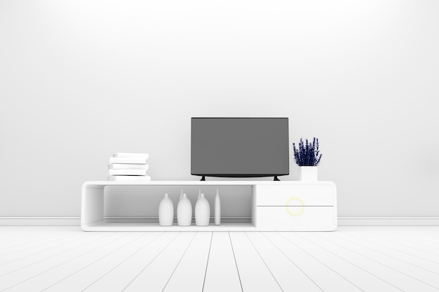 Smart TV - Mock up on white living room. 3d rendering