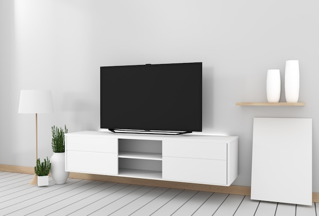 Smart Tv Mockup cabinet decor, modern living room zen style. 3d rendering