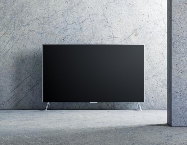 Smart Tv Mockup on the concrete floor in empty living room 3d rendering