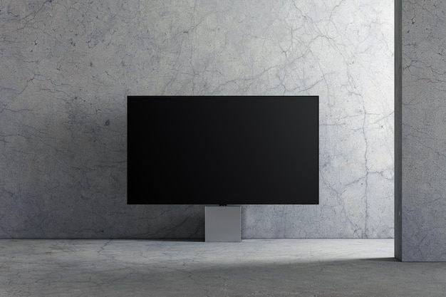 Smart Tv Mockup on cube stand in concrete room 3d rendering