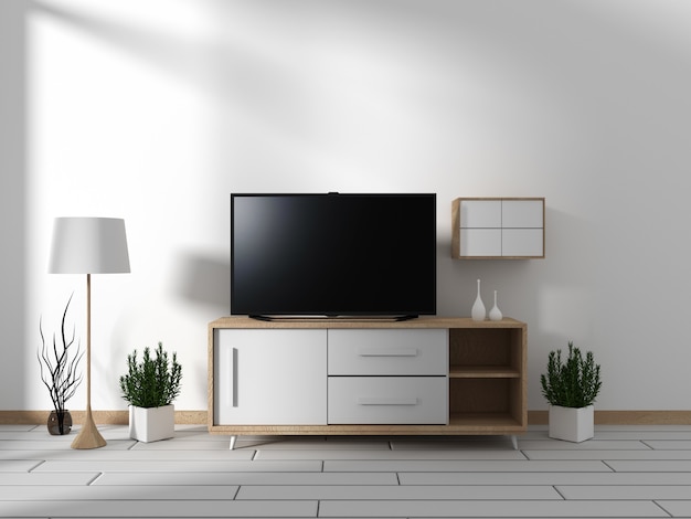 Smart Tv Mockup met op de kast decor, moderne woonkamer zen-stijl. 3D-rendering