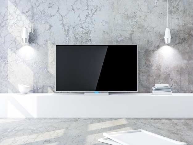 Smart Tv Mockup met zwart scherm moderne woonkamer met betonnen muren 3D-rendering