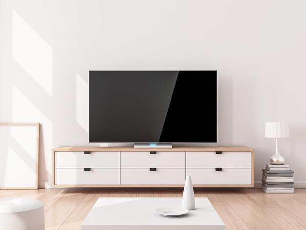 Foto smart tv mockup su supporto, soggiorno. rappresentazione 3d