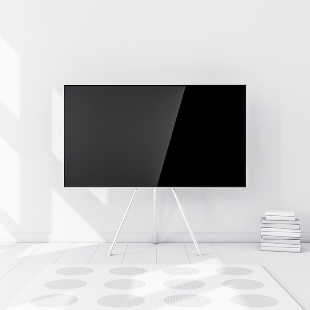 사진 현대적인 흰색 인테리어에 빈 화면이 있는 smart tv mockup. 3d 렌더링