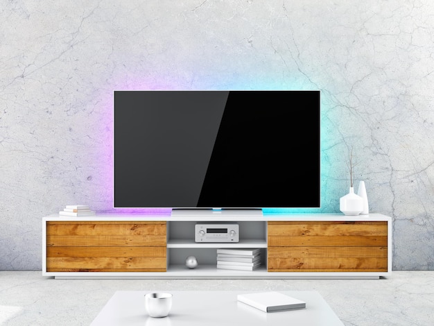 Smart Tv Mockup on wooden console in modern living room with concrete wall 3d rendering