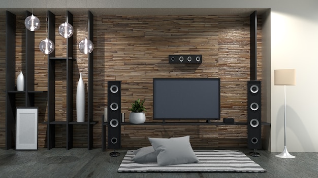 Smart tv su modern room interior. rendering 3d