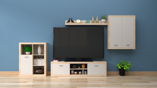 Smart TV op de blauwe muur in moderne woonkamer