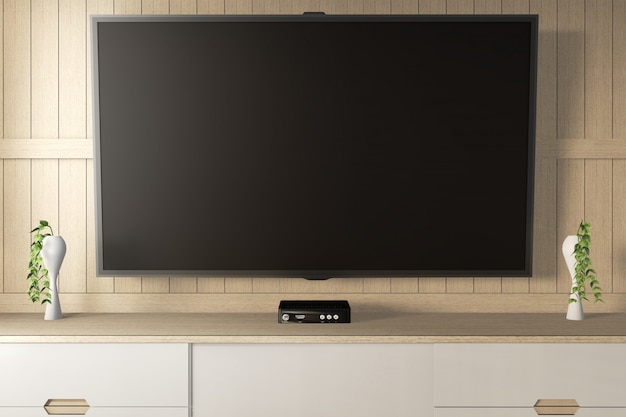 Photo smart tv  with blank black screen hanging on the cabinet decor. 3d rendering