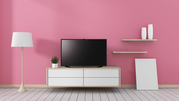 Smart Tv with blank black screen hanging on the cabinet, modern pink living room. 3d rende