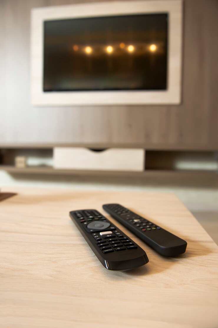 Smart TV in a wooden wall in a cozy apartment