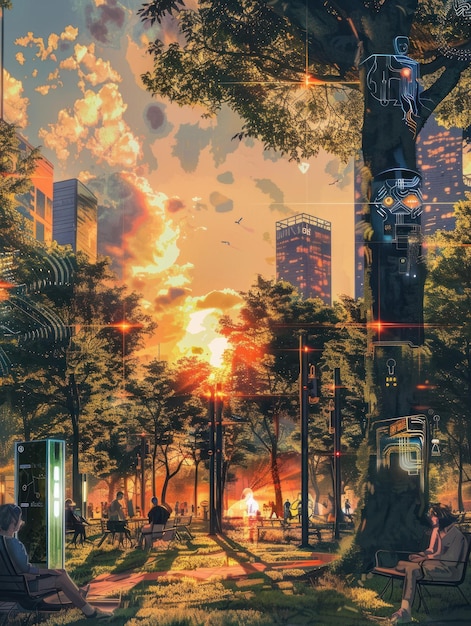Smart urban park with IoT devices golden hour eyelevel shot digital watercolor hyper realistic