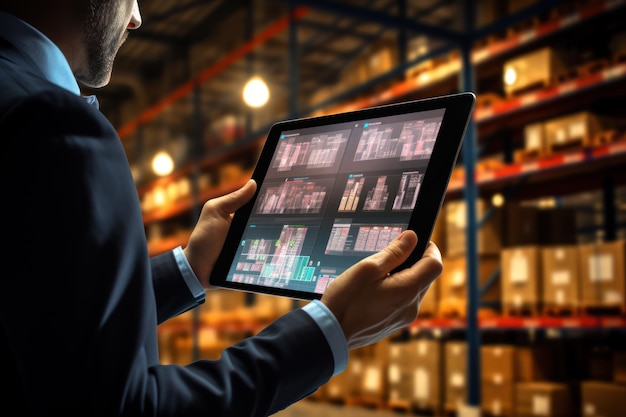 Photo smart warehouse inventory management system concept a manager using digital tablet showing warehouse software management dashboard on the blurred warehouse as background