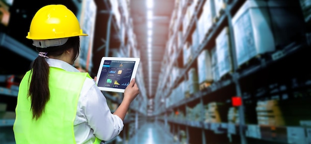 Smart warehouse management systemWorker hands holding tablet on blurred warehouse as background