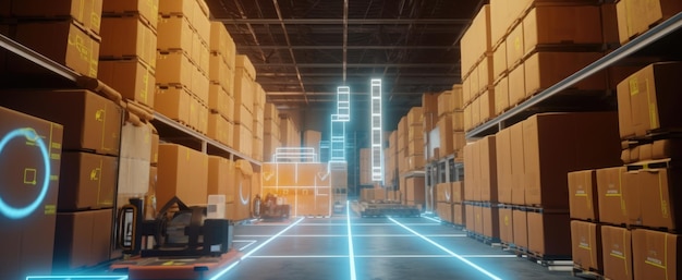 Smart warehouse with transporter robots and holographic dashboard Generative AI AIG21