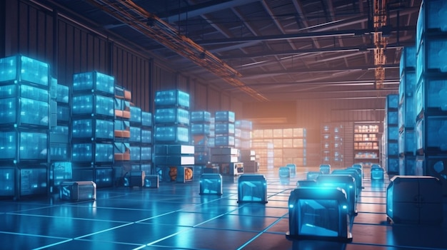 Smart warehouse with transporter robots and holographic dashboard generative ai