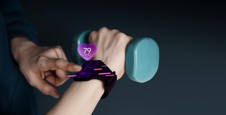Smart Watch Concept Technology for Healthy Lifestyle a Smartwatch Users Monitor their Heart Rate and Pulse while Lifting Dumbbell Close up shot