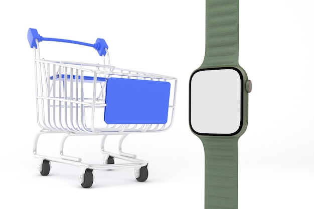 Photo smart watch and shopping trolley fronted in white background