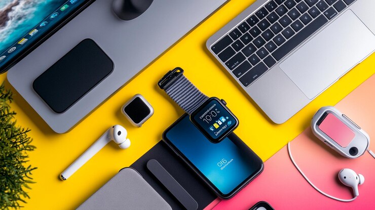 a smart watch sits on a table with a colorful background