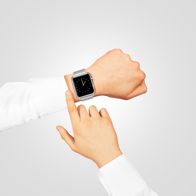 Smart watch timer-scherm mock-up slijtage aan de hand op grijs