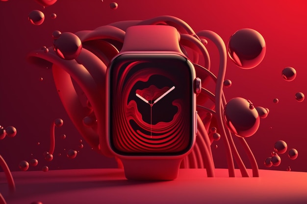 Foto uno smartwatch con sfondo rosso e quadrante nero.