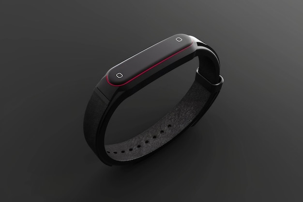 A smart watch with a red band on a sleek black surface Perfect for technology enthusiasts and fitness enthusiasts alike