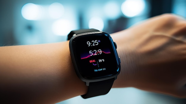 A smart watch with the time of 5 : 25 on the screen